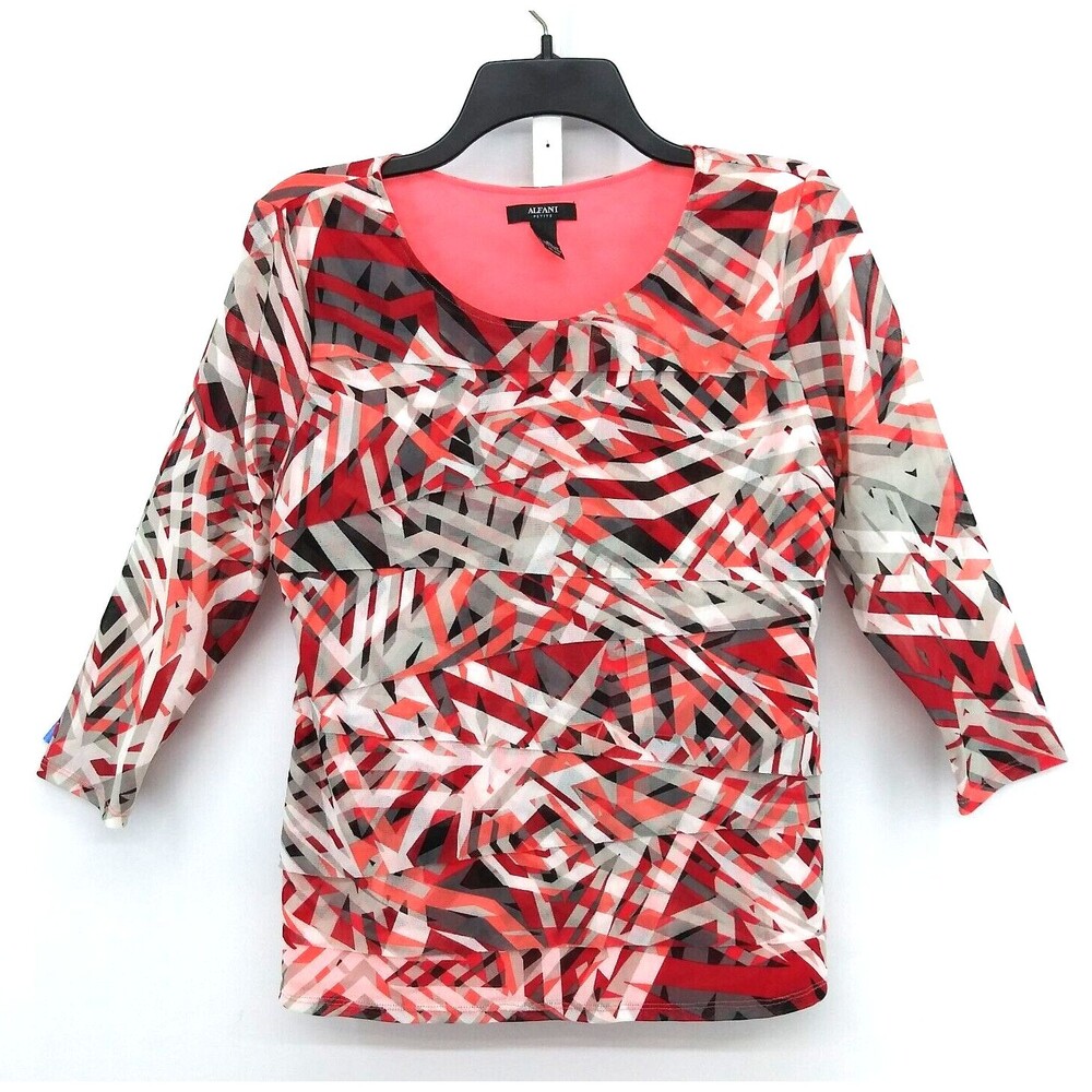 Alfani Blouse Womens Size PL Orange Geometric 3/4 Sleeve Tank Lined Sheer Top